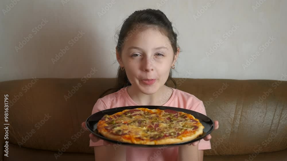 Child enjoy aroma of baked pizza. A view of happy girl enjoy the aroma of cooked homemade pizza in the kitchen. Child enjoy aroma of baked pizza. A view of happy girl enjoy the aroma of cooked homemade pizza in the kitchen.