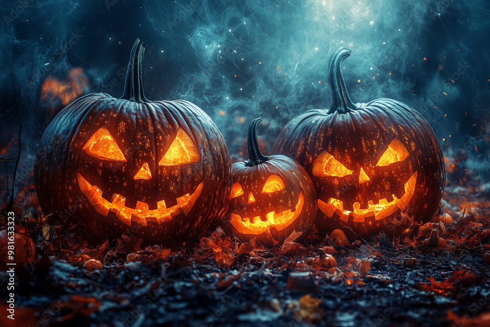 Fototapeta premium Spooky Jack-o-Lanterns Glowing in the Night: Halloween Tradition