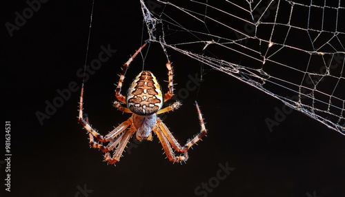 spider hanging on web with black background