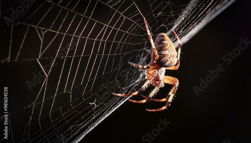 spider hanging on web with black background