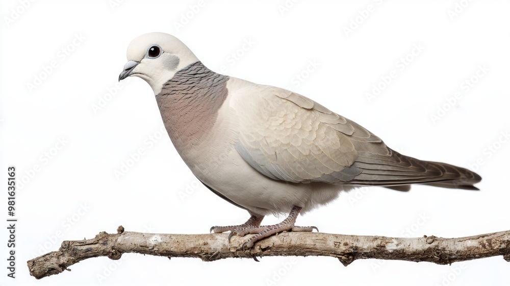 collared dove stands calmly on a branch, its delicate grey feathers elegantly displayed. The stark white background emphasizes its graceful form and peaceful presence. collared dove stands calmly on a branch, its delicate grey feathers elegantly displayed. The stark white background emphasizes its graceful form and peaceful presence.