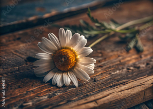 daisy on wooden backgroundflower, daisy, nature, spring, white, plant, summer, yellow, blossom, garden, chamomile, beauty, wood, petal, flowers, wooden, grass, camomile, flora, macro, closeup, bloom,  photo