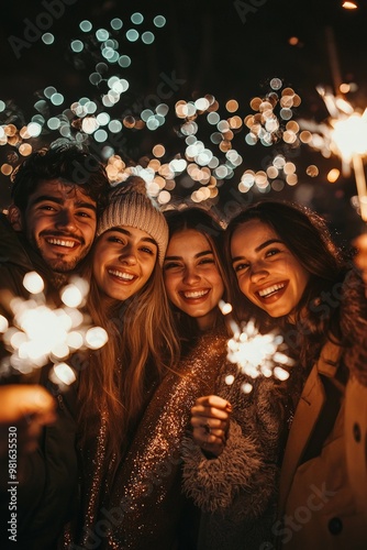 Happy friends celebrating together with sparklers on new year eve photo