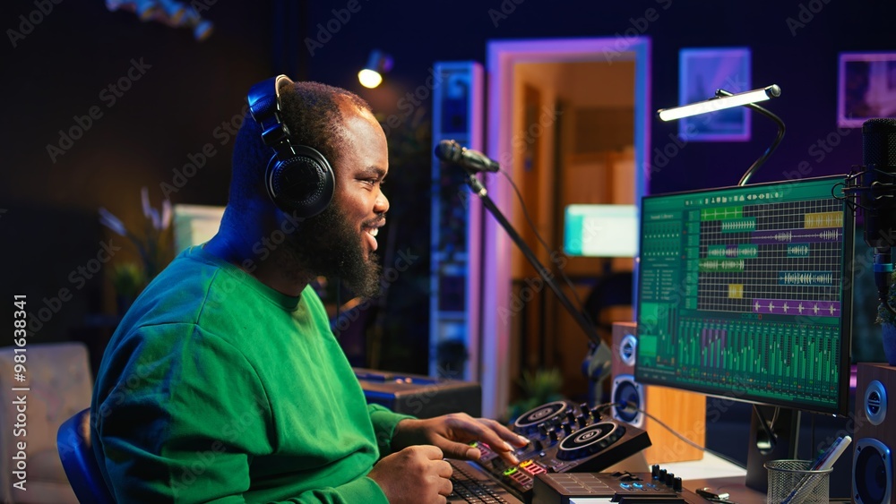 Young musician twisting knobs and mixing tunes with a console, following record settings on a digital software interface. Artist composer producing new music hits in his home studio. Camera B. Young musician twisting knobs and mixing tunes with a console, following record settings on a digital software interface. Artist composer producing new music hits in his home studio. Camera B.