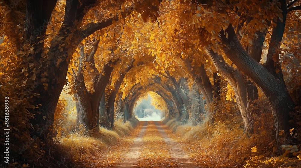 A picturesque tree tunnel with golden autumn leaves A picturesque tree tunnel with golden autumn leaves