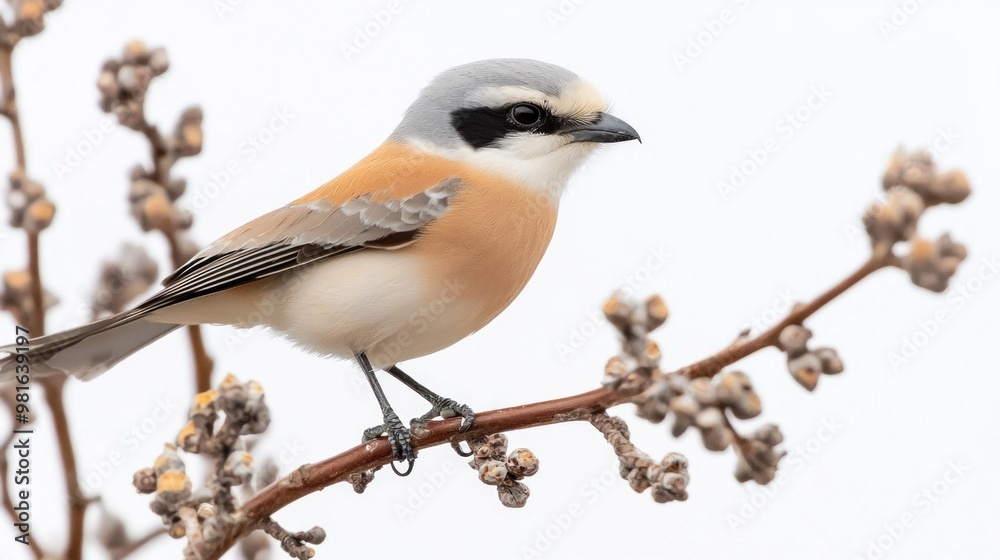 Fototapeta premium striking northern shrike is nestled on a slender branch, its distinctive hooked beak prominently displayed as it gazes intently, embodying the essence of avian grace.