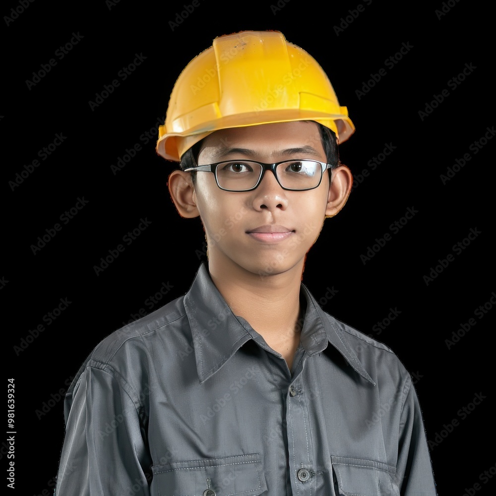 Young construction worker in safety gear posing indoors Young construction worker in safety gear posing indoors
