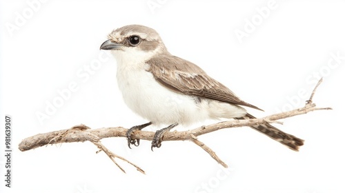 northern shrike rests elegantly on a branch, its hooked beak prominently displayed. The bird's soft plumage contrasts beautifully with the white background, highlighting its form.