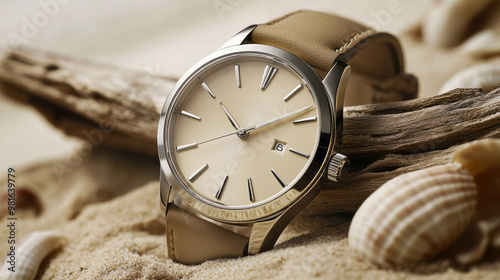 A beautiful luxury fashionable silver watch with a slightly beige dial and a beige strap on a beautiful background with sand, shells and a piece of dry beige wood, watch advertising
 photo