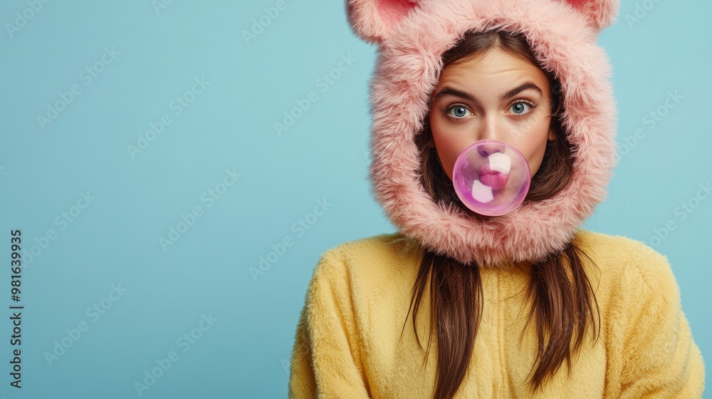 Young woman in pink furry bear hood Young woman in pink furry bear hood