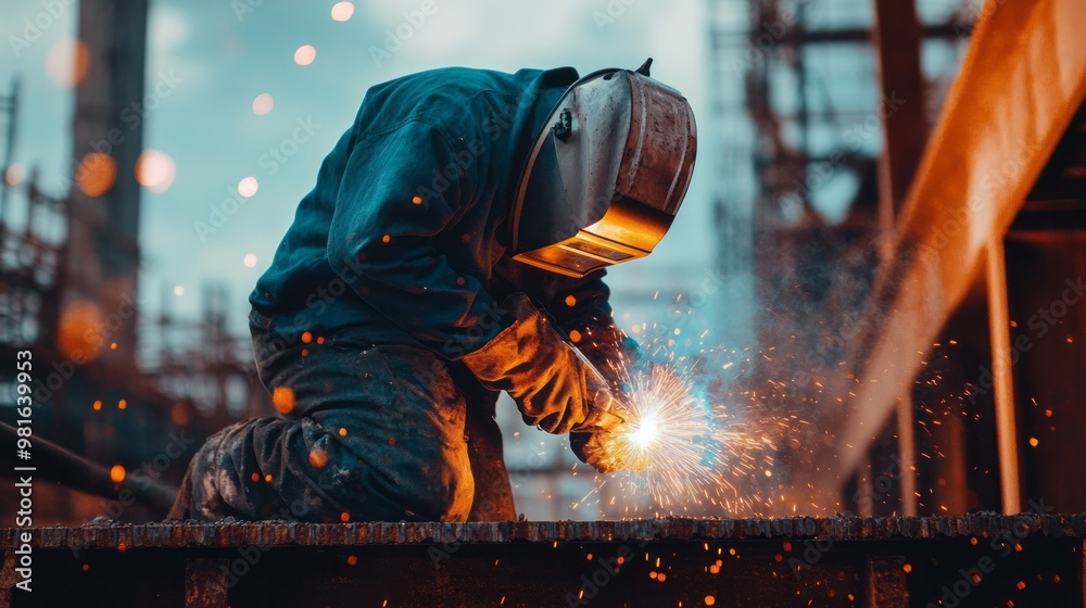 A welder in a protective helmet with sparks around is repairing or grinding something  in port with space for text or inscriptions
