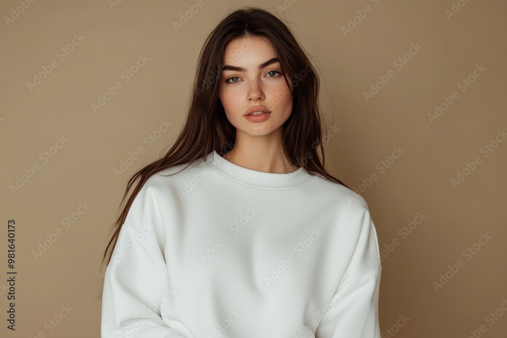 Beautiful young brunette with long hair wearing white sweater isolated on beige empty background with space for text or inscriptions
