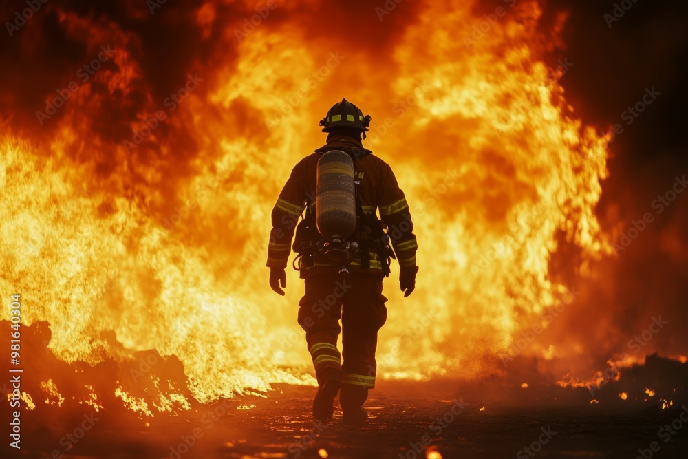 Firefighter walking towards a large fire with space for text or inscriptions
Firefighter walking towards a large fire with space for text or inscriptions