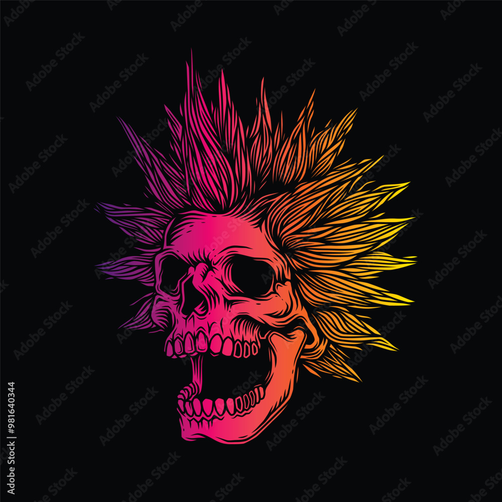 A skull with an open mouth and a punk rock hairstyle. T-shirt design, stickers, print. A skull with an open mouth and a punk rock hairstyle. T-shirt design, stickers, print.