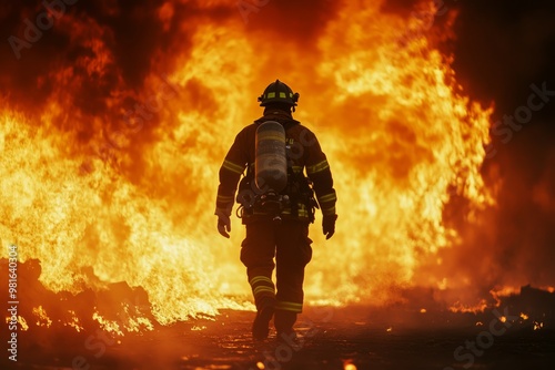 Firefighter walking towards a large fire with space for text or inscriptions
