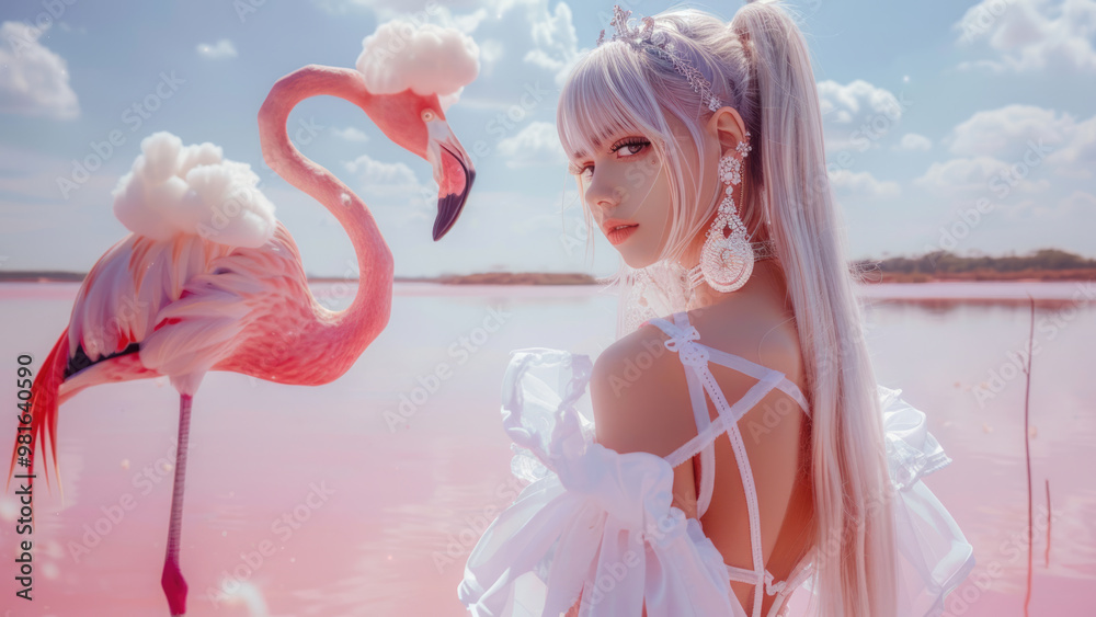 elegant woman in soft white gown standing beside pink flamingo elegant woman in soft white gown standing beside pink flamingo