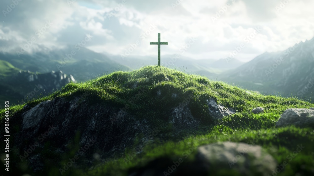 Christian cross standing on top of a green mountain against the sky with space for text or inscriptions, religion and Catholicism theme with space for text or inscriptions
Christian cross standing on top of a green mountain against the sky with space for text or inscriptions, religion and Catholicism theme with space for text or inscriptions