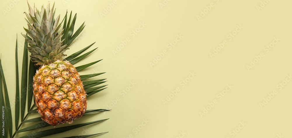 Fototapeta premium Fresh pineapple and palm leaf on yellow background with space for text