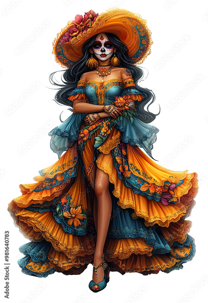 Illustration of a woman dressed and made up as Catrina for the Day of the Dead in Mexico, isolated on transparent background. Illustration of a woman dressed and made up as Catrina for the Day of the Dead in Mexico, isolated on transparent background.
