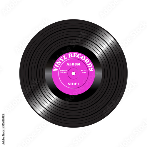 Vinyl record with purple paper label. Vector isolated on white background.