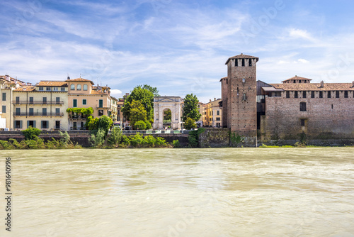 Verona town with flowing The Adige river, Italy, Europe.