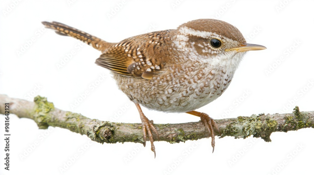 small wren sits gracefully on a branch, its rounded body and detailed feather patterns standing out against a crisp white background, creating an artistic representation of nature.