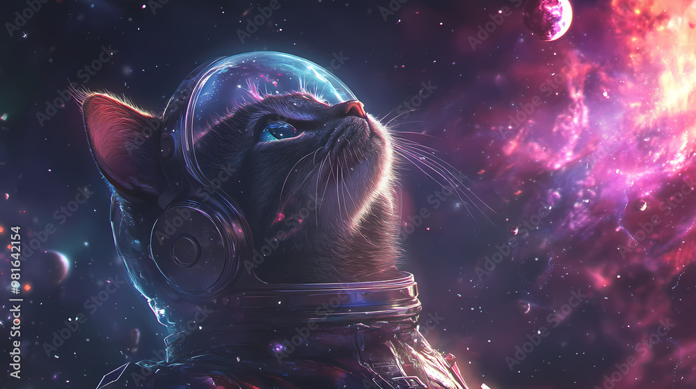 Cosmic cat gazing into space, wearing a spacesuit. a mystical scene blending the wonders of the universe with the curiosity of the feline. Mystical. Illustration Cosmic cat gazing into space, wearing a spacesuit. a mystical scene blending the wonders of the universe with the curiosity of the feline. Mystical. Illustration