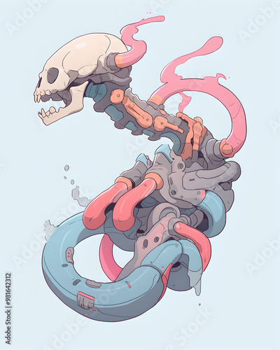 Skeleton of a bionic creature with skull and crossbones.