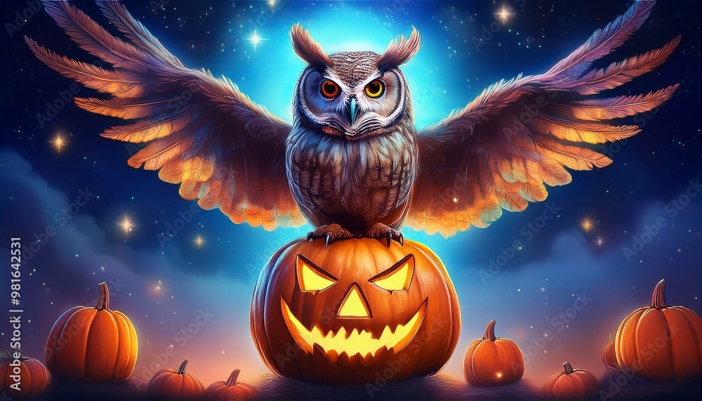 Enchanting owl with glowing eyes on a levitating jack-o'-lantern Enchanting owl with glowing eyes on a levitating jack-o'-lantern