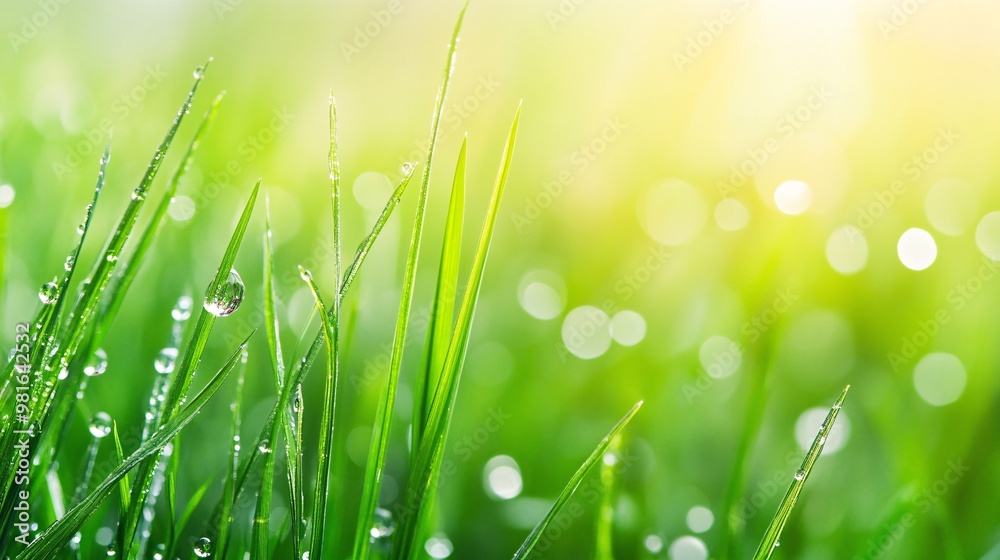 Fototapeta premium Dewdrops on Blades of Green Grass in Morning Light