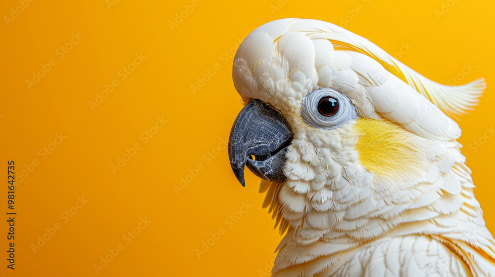 A white cockatoo with a striking crest and vibrant yellow markings is positioned in profile against a vivid yellow backdrop, showcasing its unique features and colors in soft natural light. Copy space A white cockatoo with a striking crest and vibrant yellow markings is positioned in profile against a vivid yellow backdrop, showcasing its unique features and colors in soft natural light. Copy space