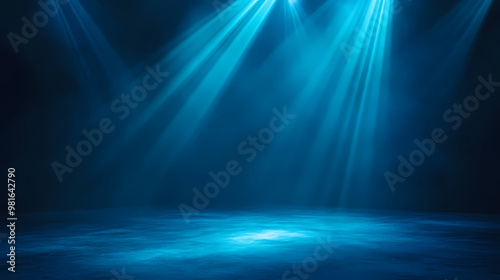 Blue spotlight casting vibrant light on dim stage, creating dramatic effect. strobe effect. illustration. Dramatic. Illustration