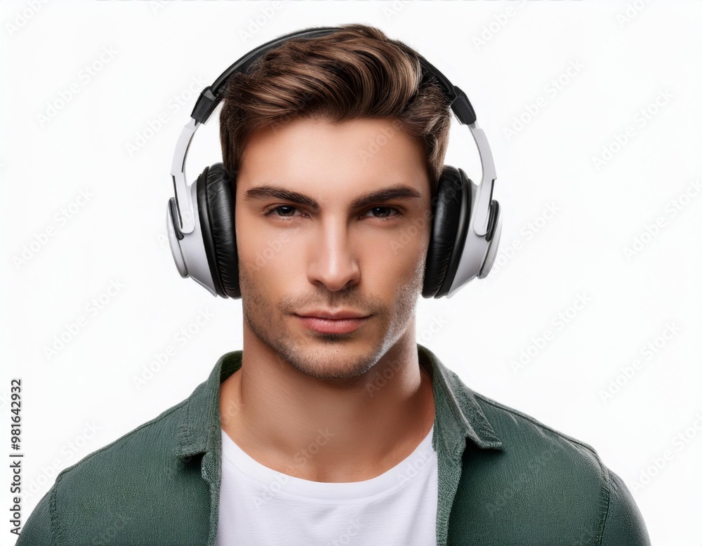 Focused Young Man Wearing Headphones Isolated on White Background, Clipping Path, Full Depth of Field Focused Young Man Wearing Headphones Isolated on White Background, Clipping Path, Full Depth of Field