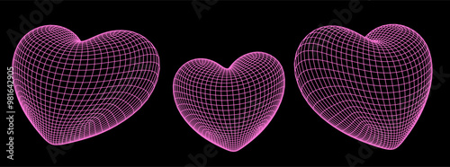 Set of 3D pink hearts made of wireframe on a dark background.