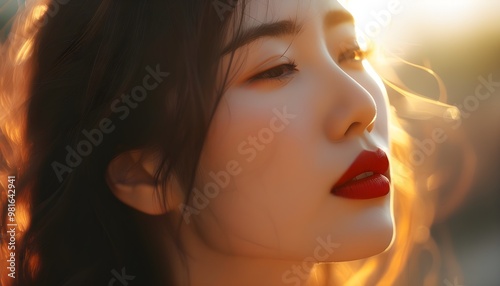 Dramatic sunlight illuminating a womans close-up portrait with red lipstick, revealing a serene expression and a profound connection with the light.