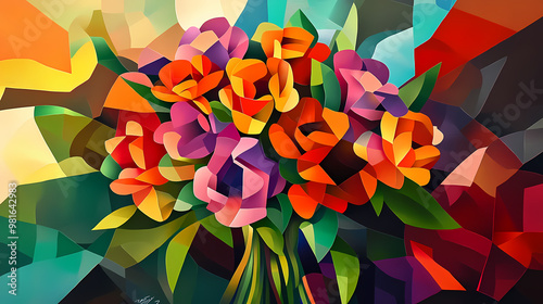 Bouquet of flowers with an unusual shape of a pattern similar to cubism on the background, generated by ai. Cubism. Illustration photo