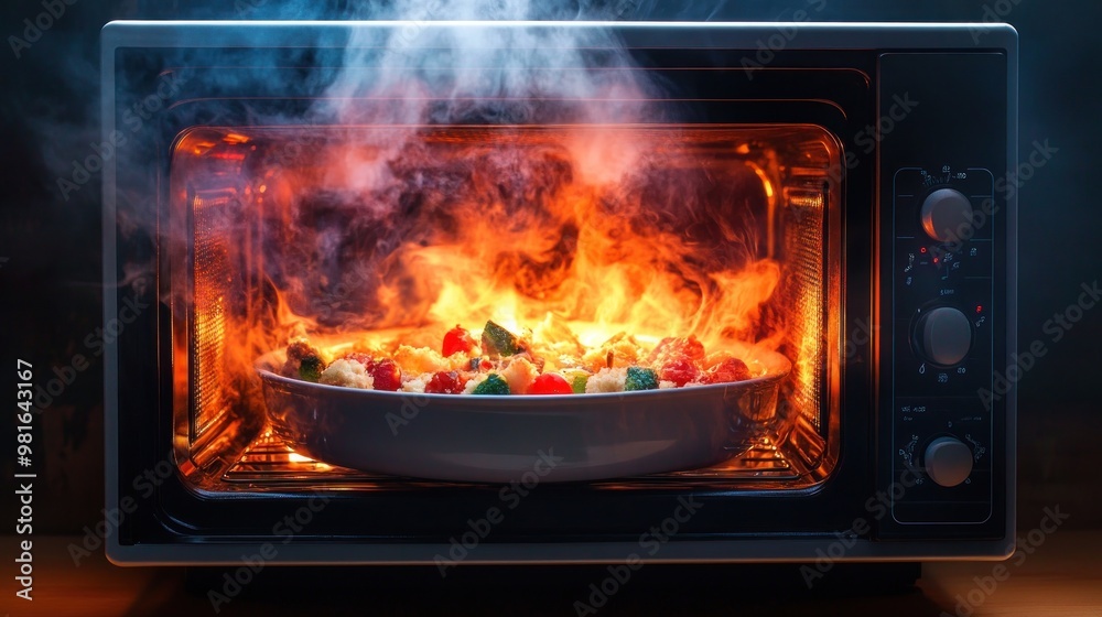 A microwave oven is on and the food inside is burning A microwave oven is on and the food inside is burning