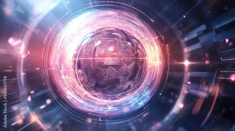 Fototapeta premium Abstract globe with detailed merit symbols, surrounded by a futuristic aura of light and geometric patterns on a sleek background
