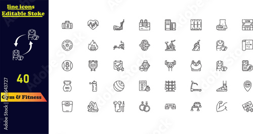 Stroke line icon set for gym, fitness, and a healthy lifestyle, including training, workouts, biceps, running, diet, bodybuilding, yoga, equipment, and health care. photo