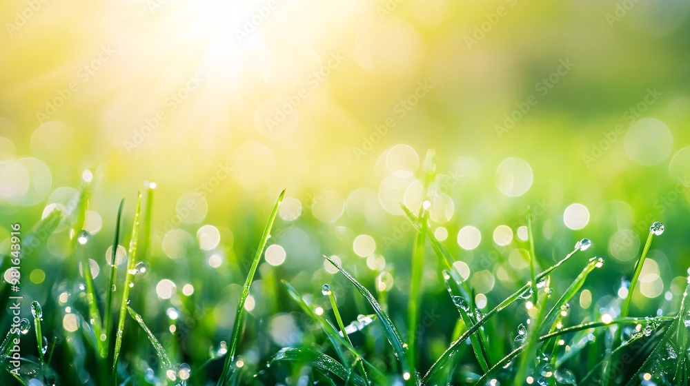 Fototapeta premium Dew-Covered Blades of Grass in Sunlight