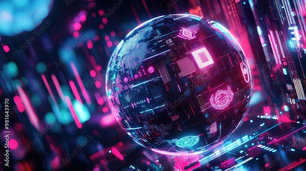 Intricate abstract globe featuring signs of merit, set against a futuristic backdrop with vibrant neon lights and digital patterns Intricate abstract globe featuring signs of merit, set against a futuristic backdrop with vibrant neon lights and digital patterns