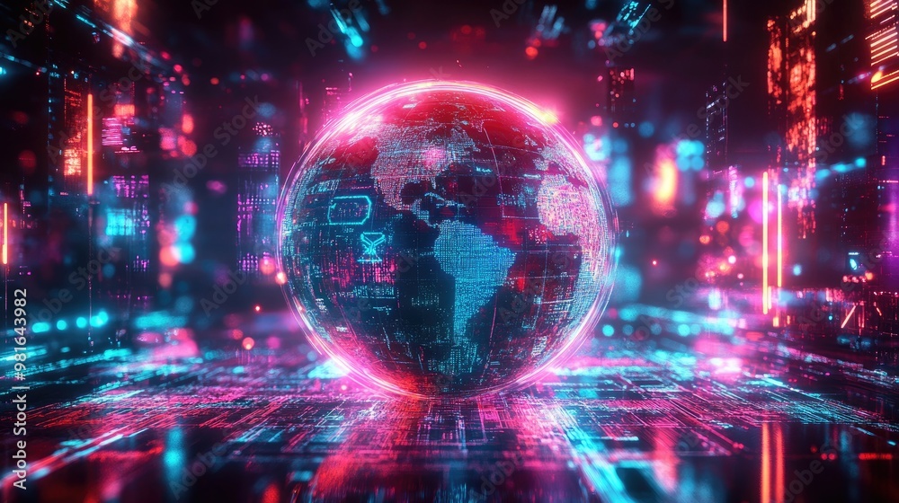 Intricate abstract globe featuring signs of merit, set against a futuristic backdrop with vibrant neon lights and digital patterns Intricate abstract globe featuring signs of merit, set against a futuristic backdrop with vibrant neon lights and digital patterns