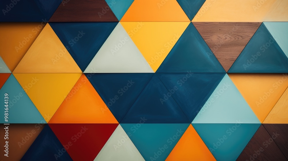 A vibrant geometric pattern with a mix of bright colors and wood textures. The triangles create a dynamic and modern design. A vibrant geometric pattern with a mix of bright colors and wood textures. The triangles create a dynamic and modern design.