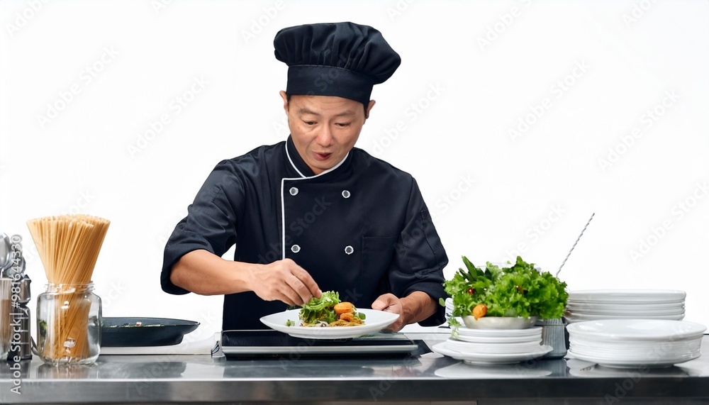Asian Professional Chef Plating Dishes in an Upscale Restaurant Kitchen Isolated on White Background, Clipping Path, Full Depth of Field Asian Professional Chef Plating Dishes in an Upscale Restaurant Kitchen Isolated on White Background, Clipping Path, Full Depth of Field