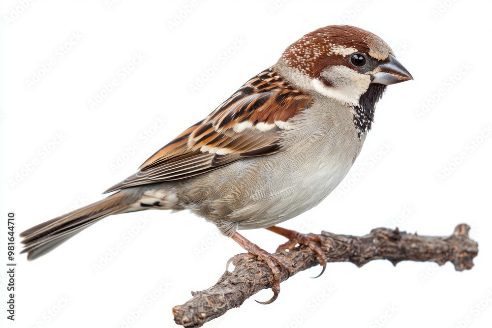 charming house sparrow sits on a slender branch, its beautiful brown and gray feathers highlighted by the stark white backdrop, embodying the tranquility of nature. charming house sparrow sits on a slender branch, its beautiful brown and gray feathers highlighted by the stark white backdrop, embodying the tranquility of nature.