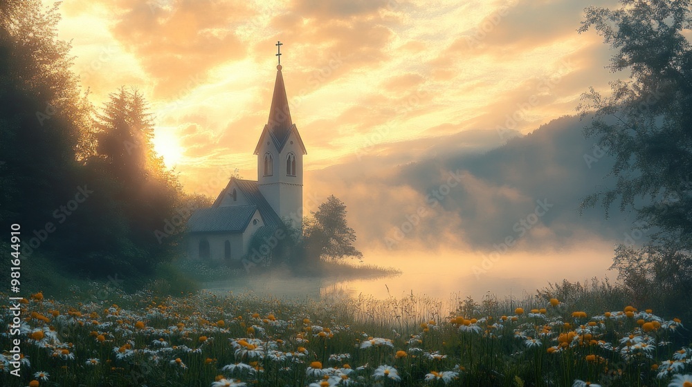 Obraz premium Natural idyll with a church in the shade