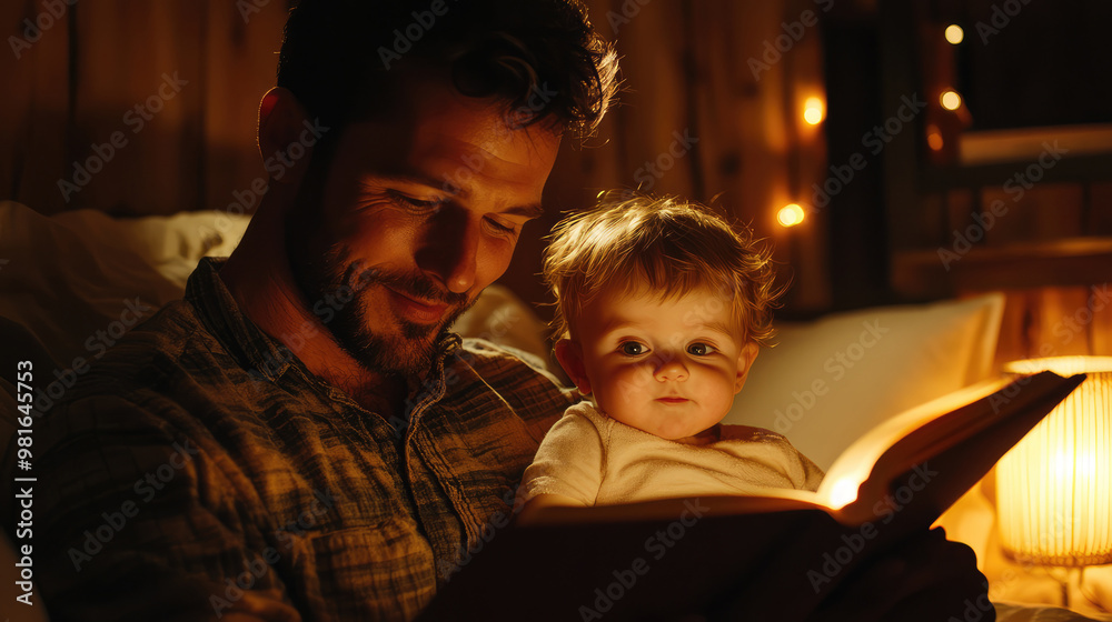 Intimate scene of a parent reading a bedtime story to a young child, with the warm glow of a bedside lamp Intimate scene of a parent reading a bedtime story to a young child, with the warm glow of a bedside lamp