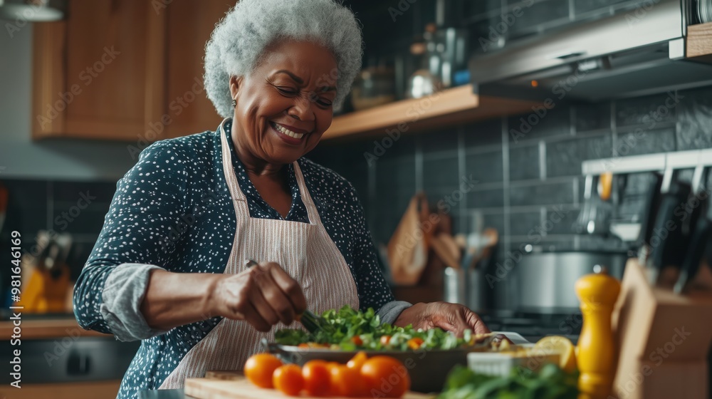 Senior Woman Joyfully Preparing a Fresh Salad in the Kitchen Senior Woman Joyfully Preparing a Fresh Salad in the Kitchen