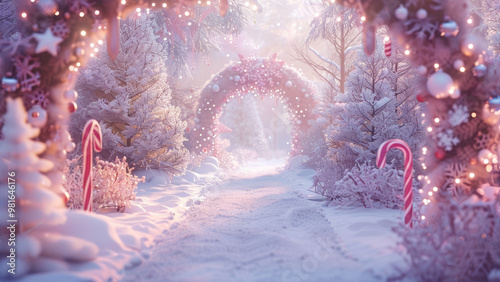 Candy cane Christmas wonderland with pink arches and frosted decorations.