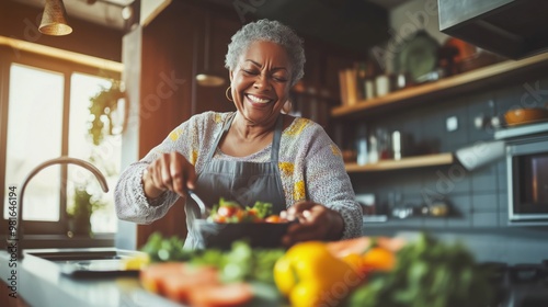 A landscape image of an ageing black woman preparing a Senior Woman Joyfully Preparing a Fresh Salad in a Bright Kitchen